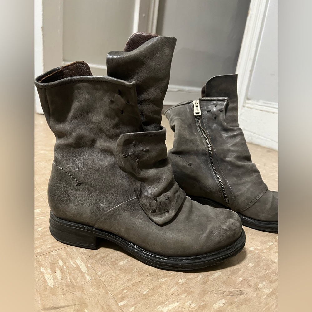 A.S.98 Women's Distressed Grey/Green Leather Moto Ankle Boots Size: 37